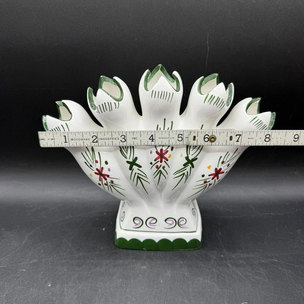 Vintage Ceramic Tulip 5 Finger Vase Hand Painted Floral White Green Portugal